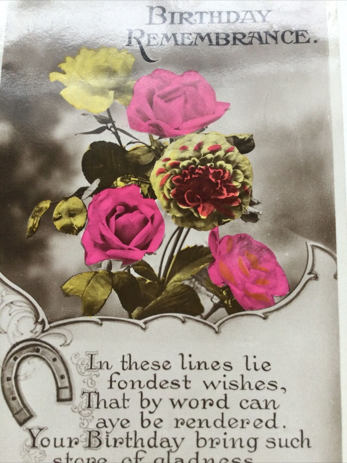 Vintage Birthday Greetings Postcard Pink Roses Lucky Horseshoe 1931 Pretty Poem