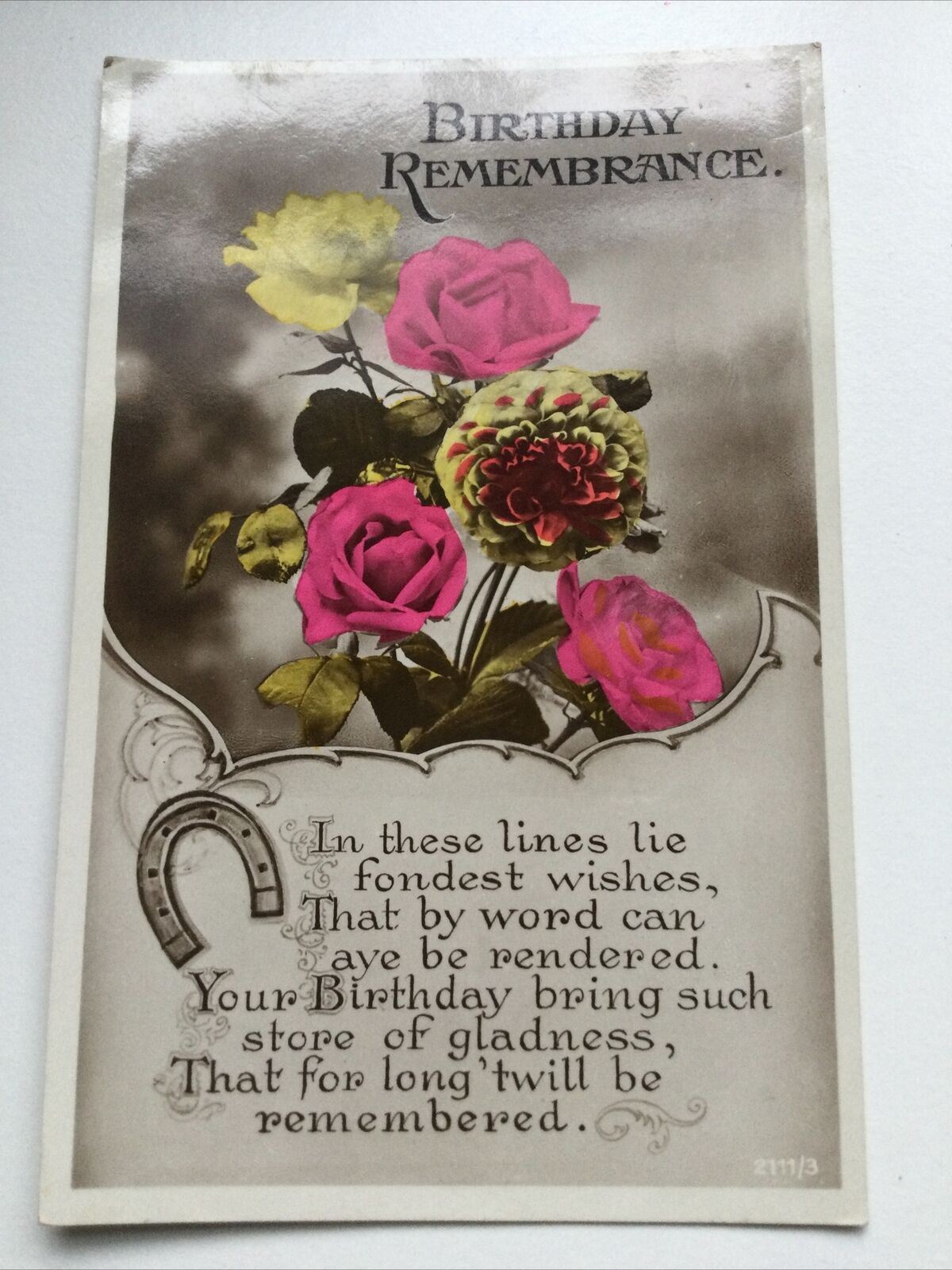 Vintage Birthday Greetings Postcard Pink Roses Lucky Horseshoe 1931 Pretty Poem