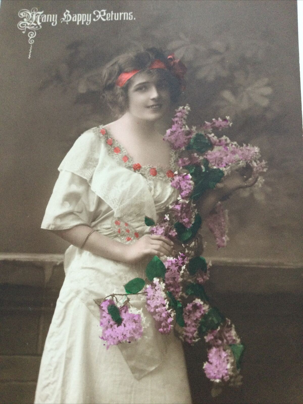 Antique Birthday Greetings Postcard Beautiful Woman With Lilac Flowers  Carlton