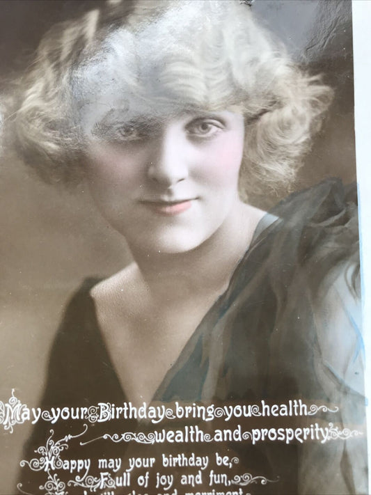 Vintage Tinted Sepia RP POSTCARD HAPPY BIRTHDAY. Pretty Woman & Nice Poem 1920s