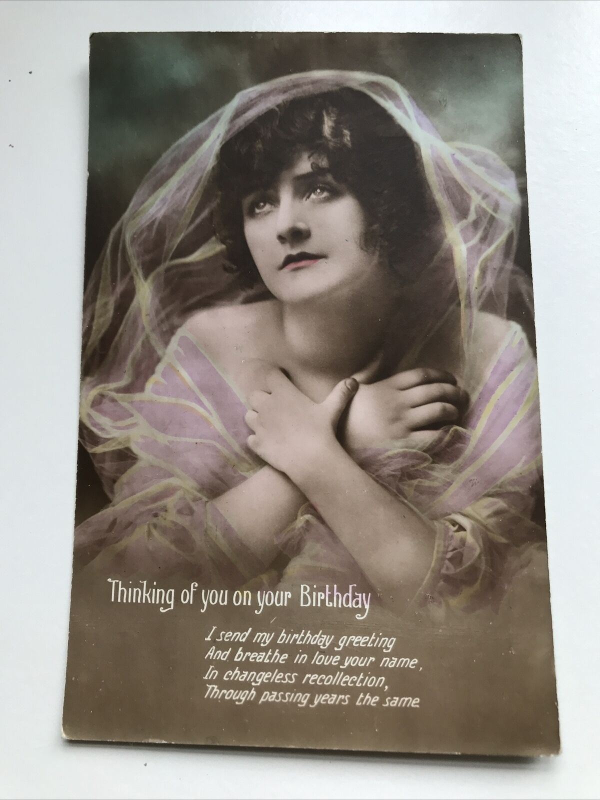 Antique Tinted Sepia POSTCARD HAPPY BIRTHDAY Romantic Pretty Woman & Nice Poem