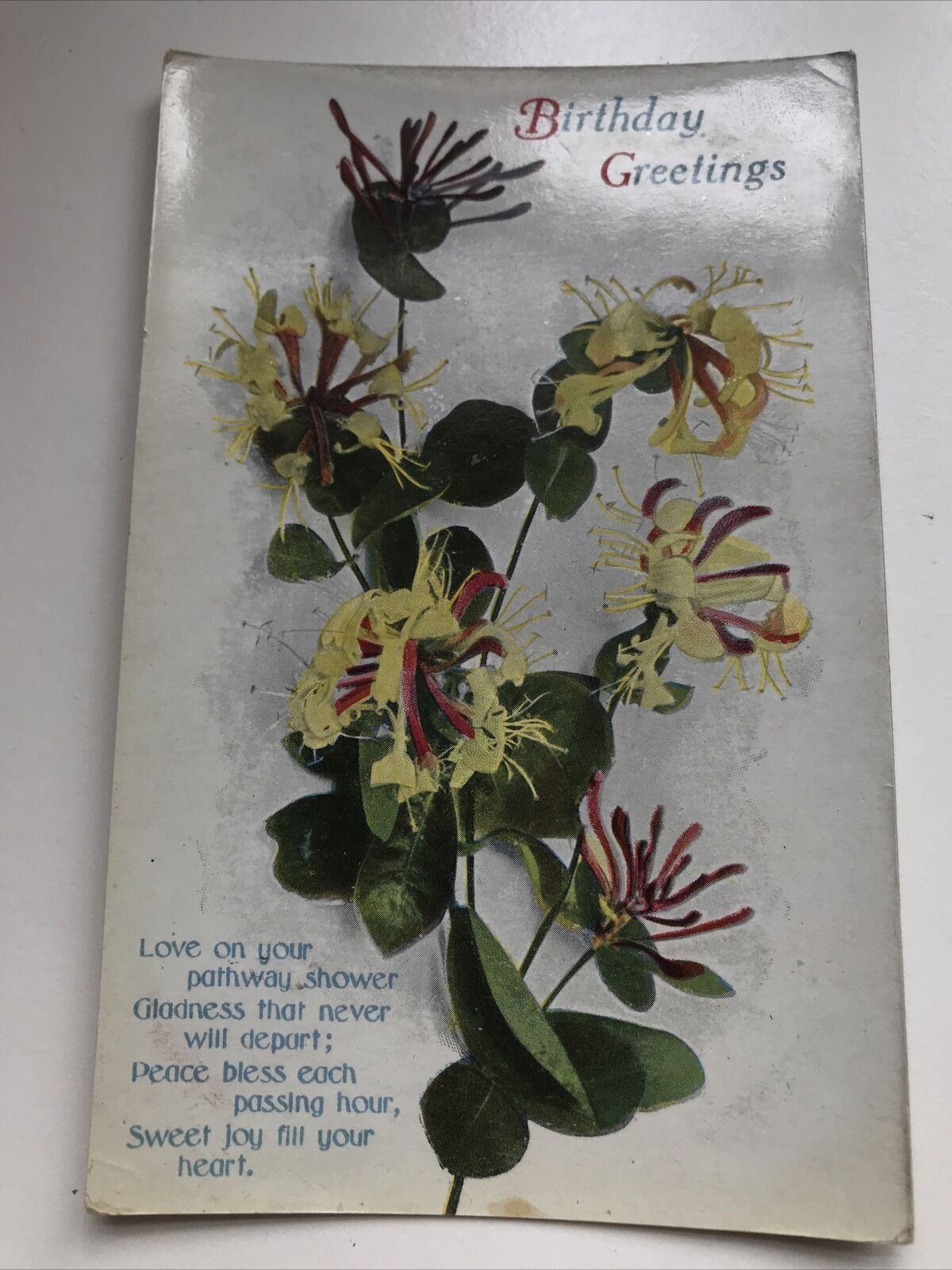 Antique Birthday Greetings Postcard Honeysuckle Lovely Poem 1918 Glossy