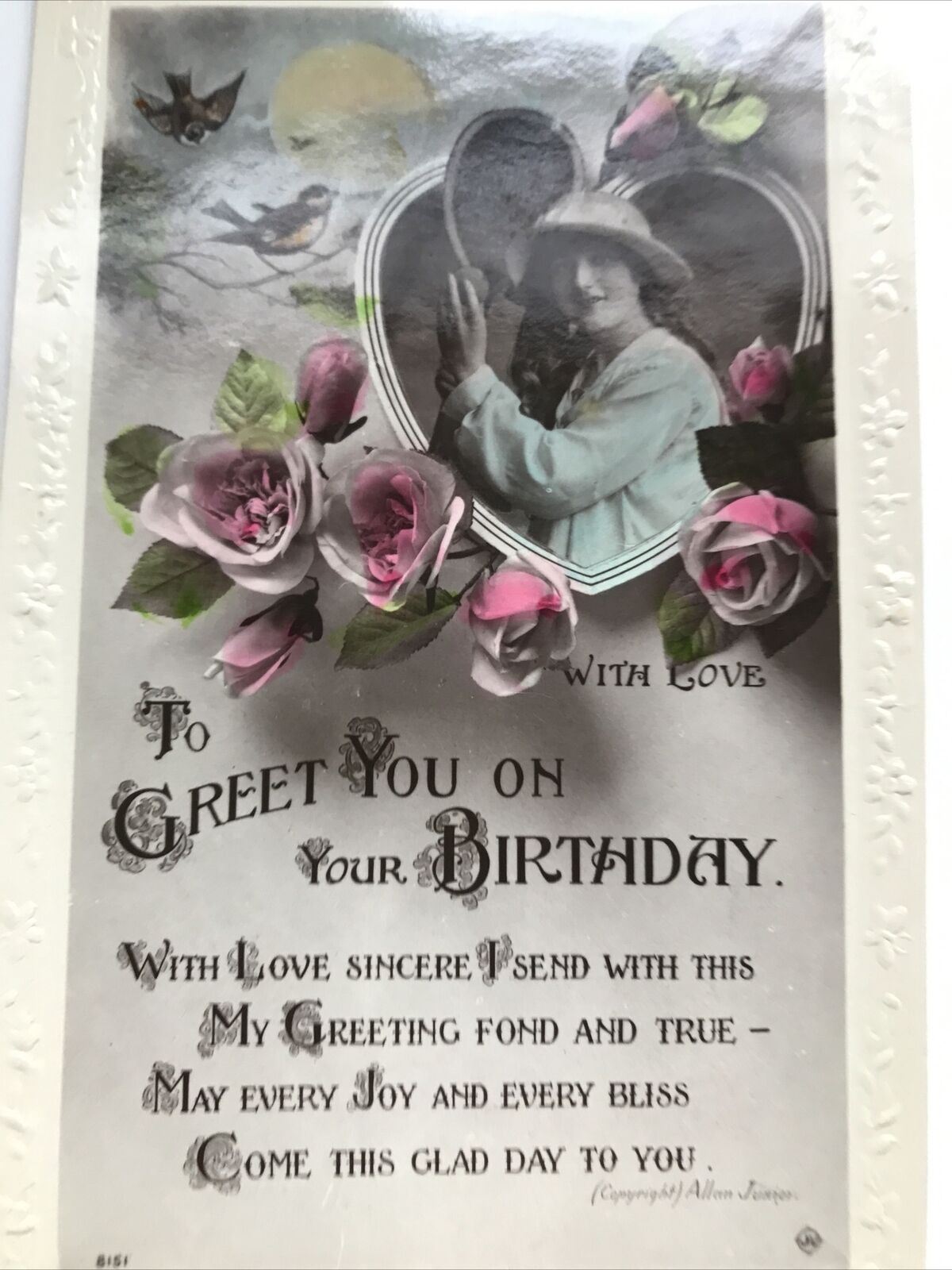 Antique Birthday Greetings Postcard Pink Roses Woman In Heart 1921 Embossed