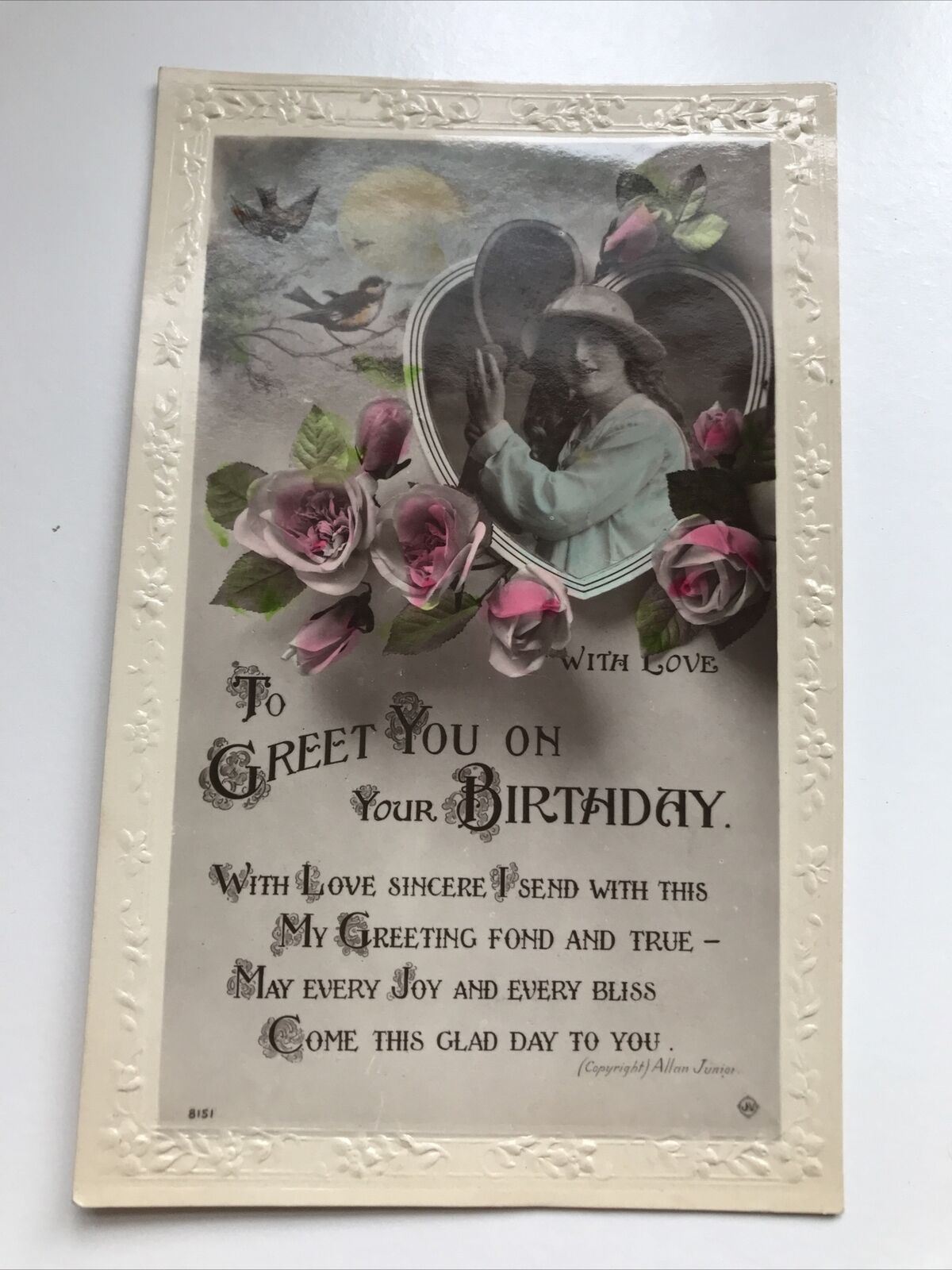 Antique Birthday Greetings Postcard Pink Roses Woman In Heart 1921 Embossed