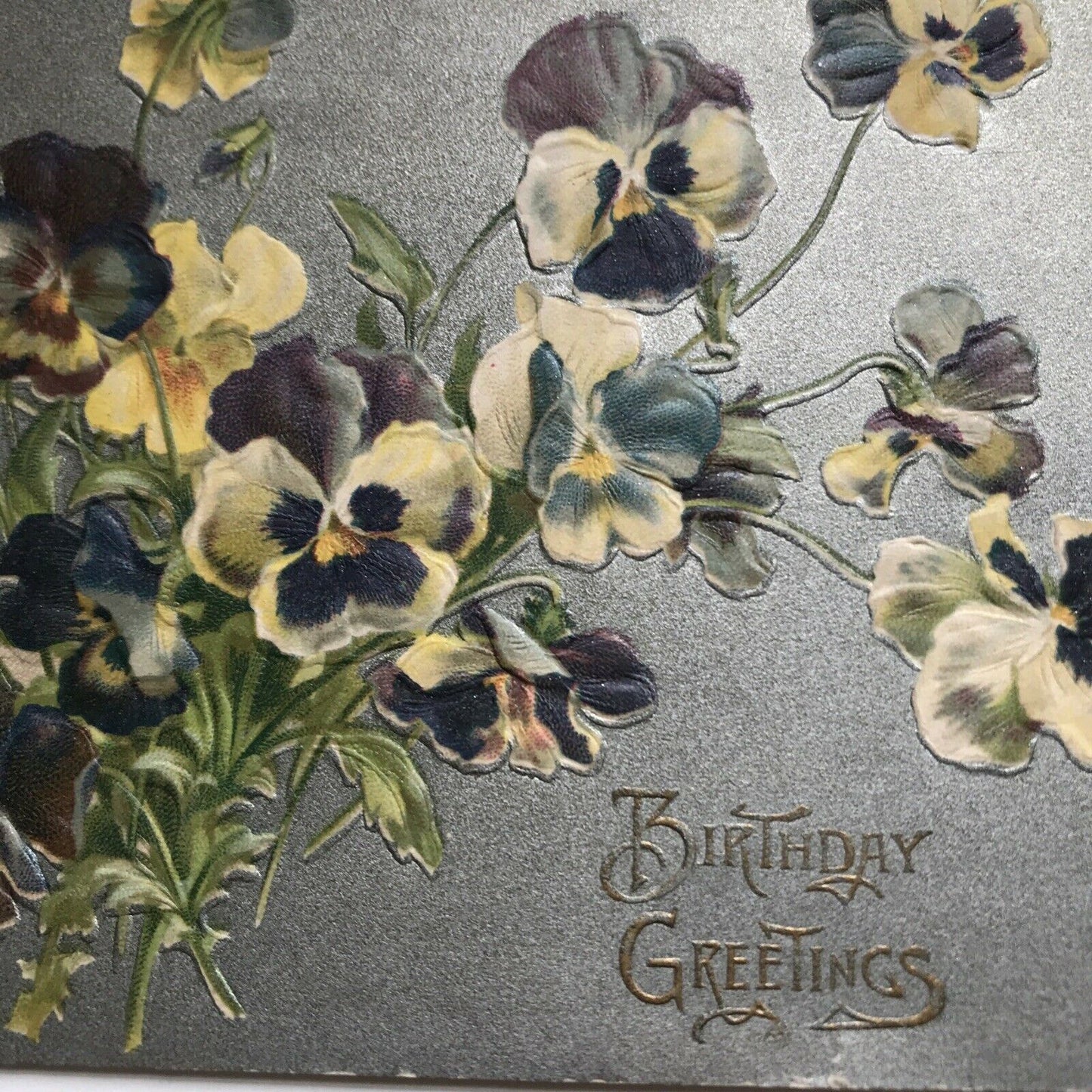 Vintage Birthday Greetings Postcard Pansies Silver Background Tuck’s Post Card