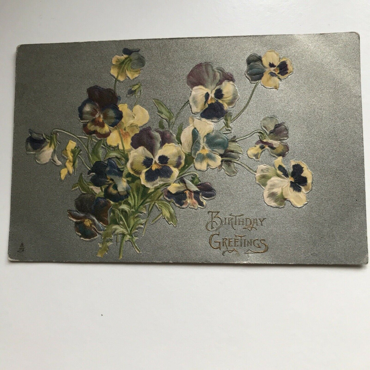 Vintage Birthday Greetings Postcard Pansies Silver Background Tuck’s Post Card