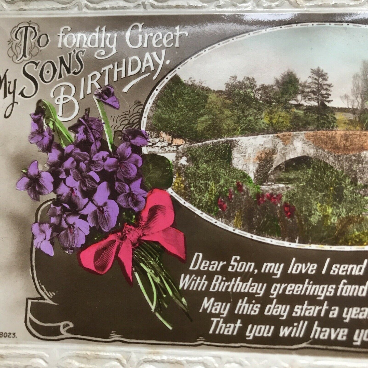 Vintage Or Antique Greetings Postcard SON’S BIRTHDAY. Bridge Violets Roses Poem