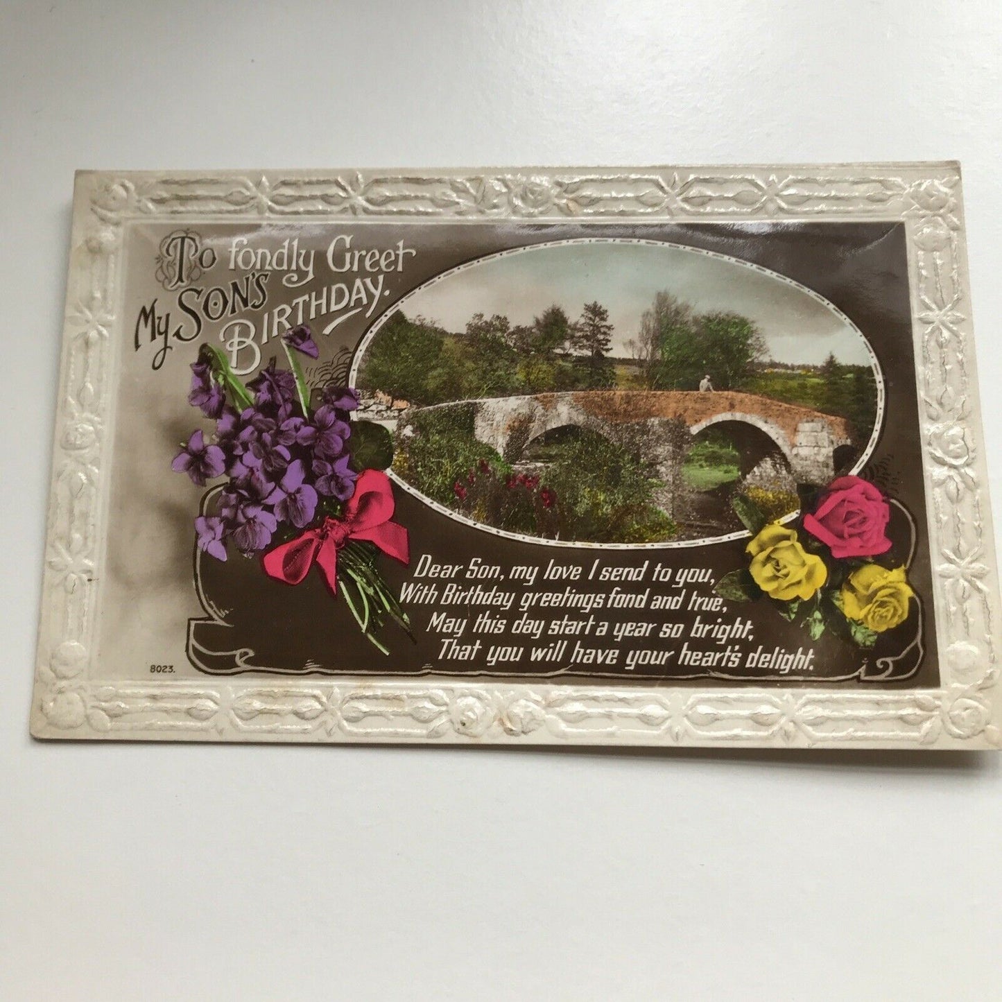 Vintage Or Antique Greetings Postcard SON’S BIRTHDAY. Bridge Violets Roses Poem