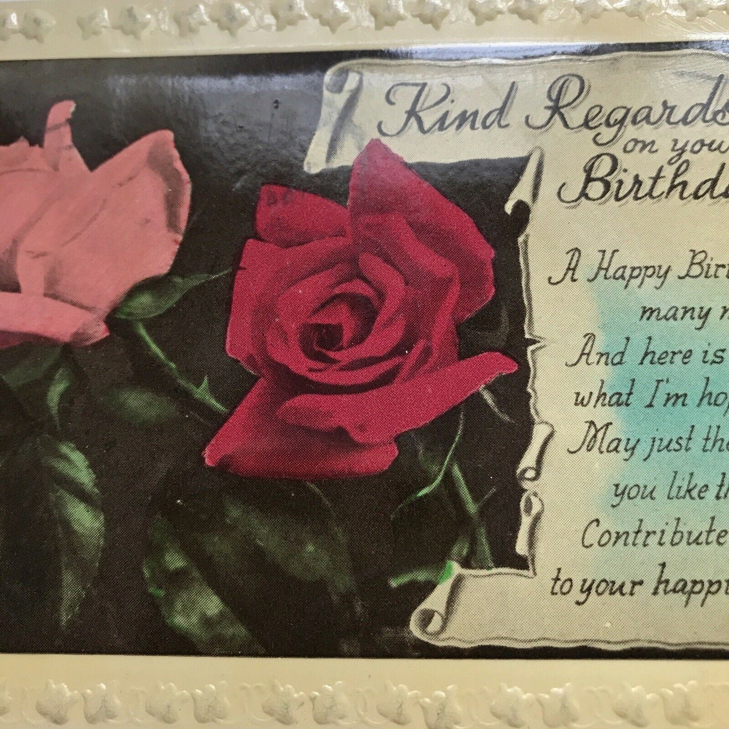 Vintage Greetings Postcard BIRTHDAY. Roses Poem Embossed 1944 Hand Coloured