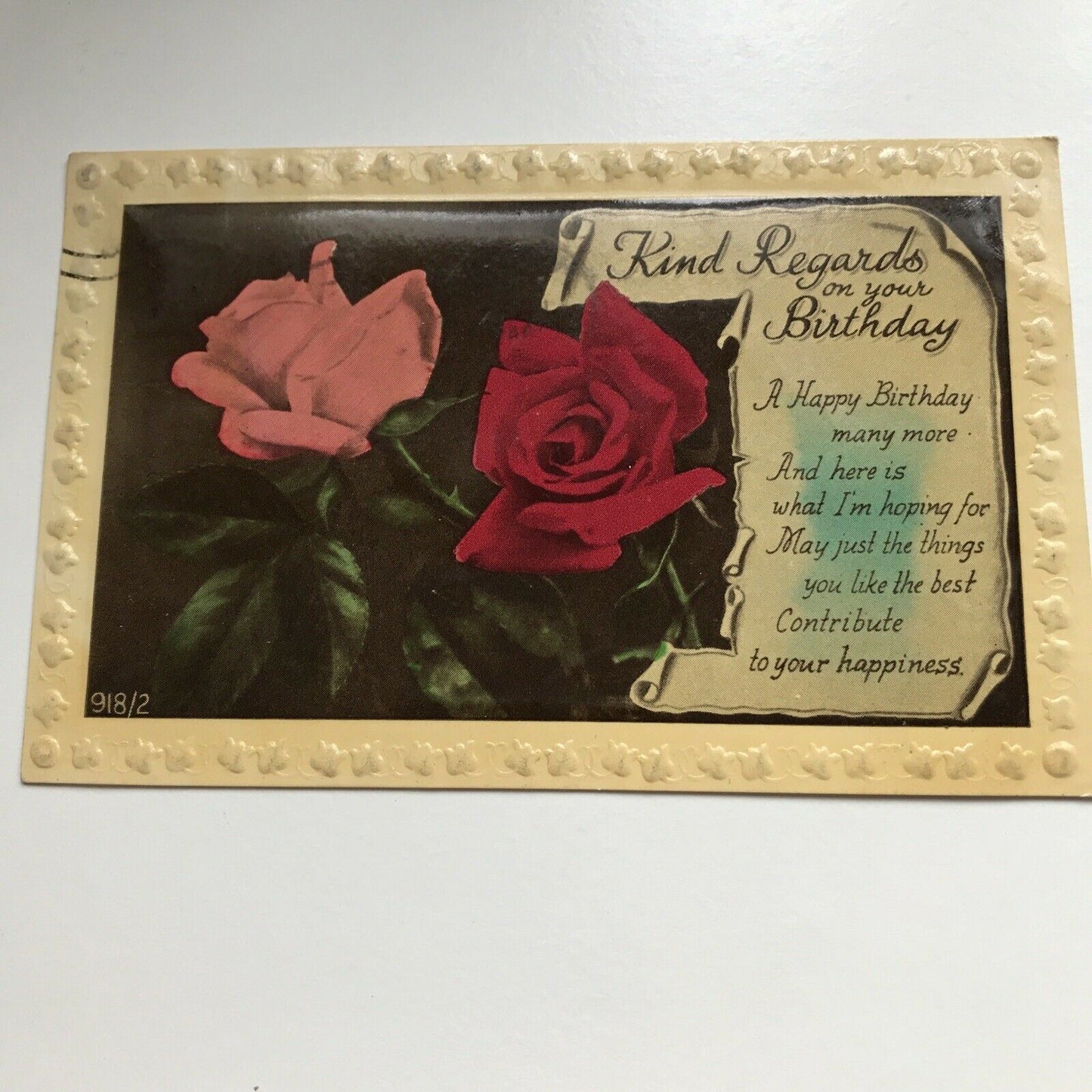 Vintage Greetings Postcard BIRTHDAY. Roses Poem Embossed 1944 Hand Coloured