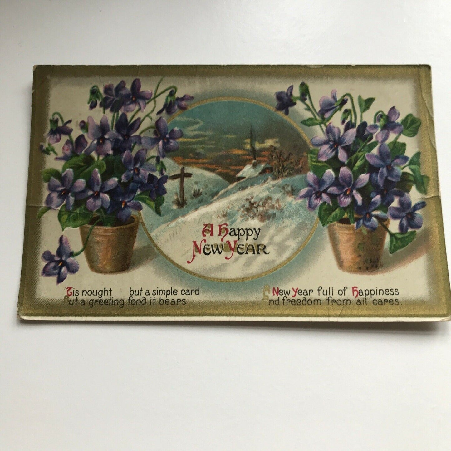 ANTIQUE Greetings Postcard HAPPY NEW YEAR Poem SNOWY SCENE FLOWERS 1912