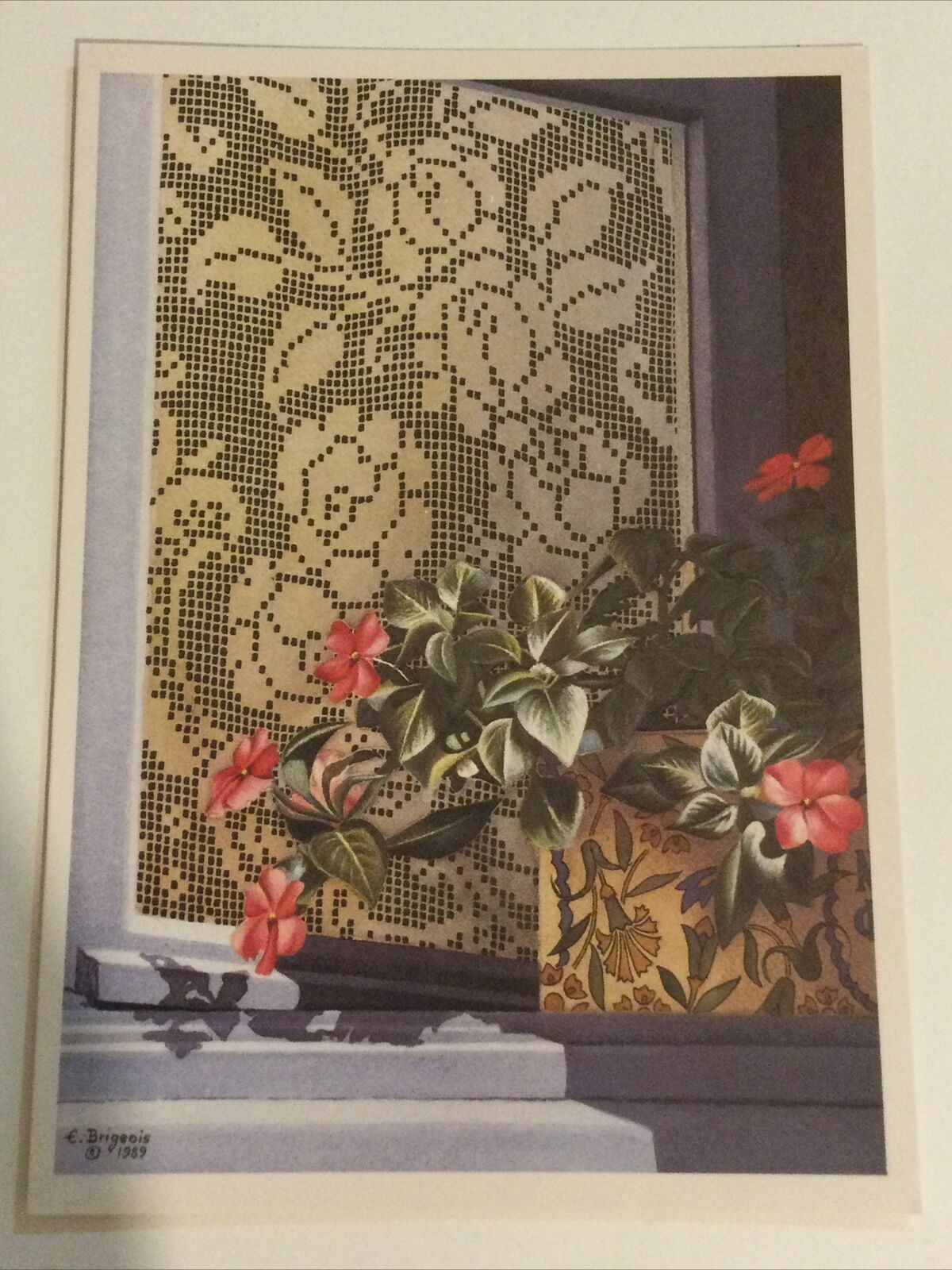 EVELYNE BRIGOIS Roses And Impatiens. Blank Card, No Envelope. Lace Curtain