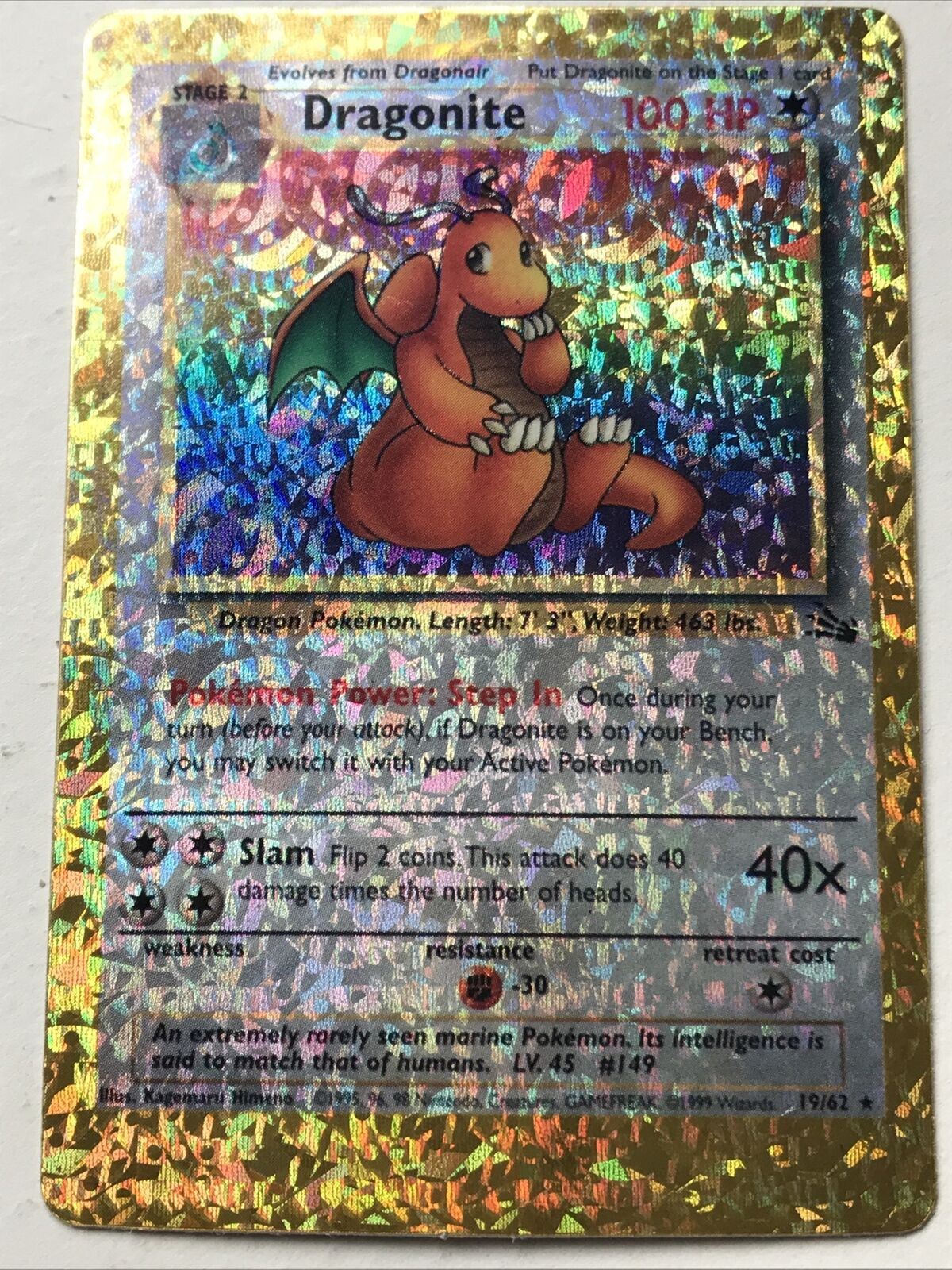 Vintage 1999 WOTC DRAGONITE HOLO VENDING STICKER NOT CARD 19/62 Pokemon Vgc Foss