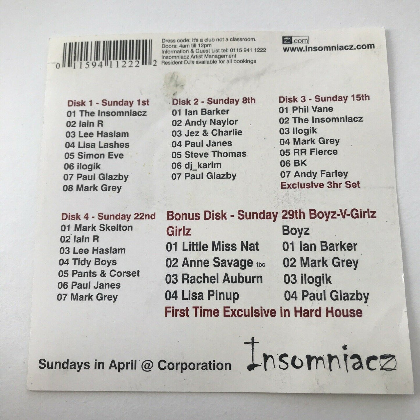 90s Y2K RAVE MEMORABILIA Clubber’s Guide To INSOMNIACZ Hard House DJs CD Insert