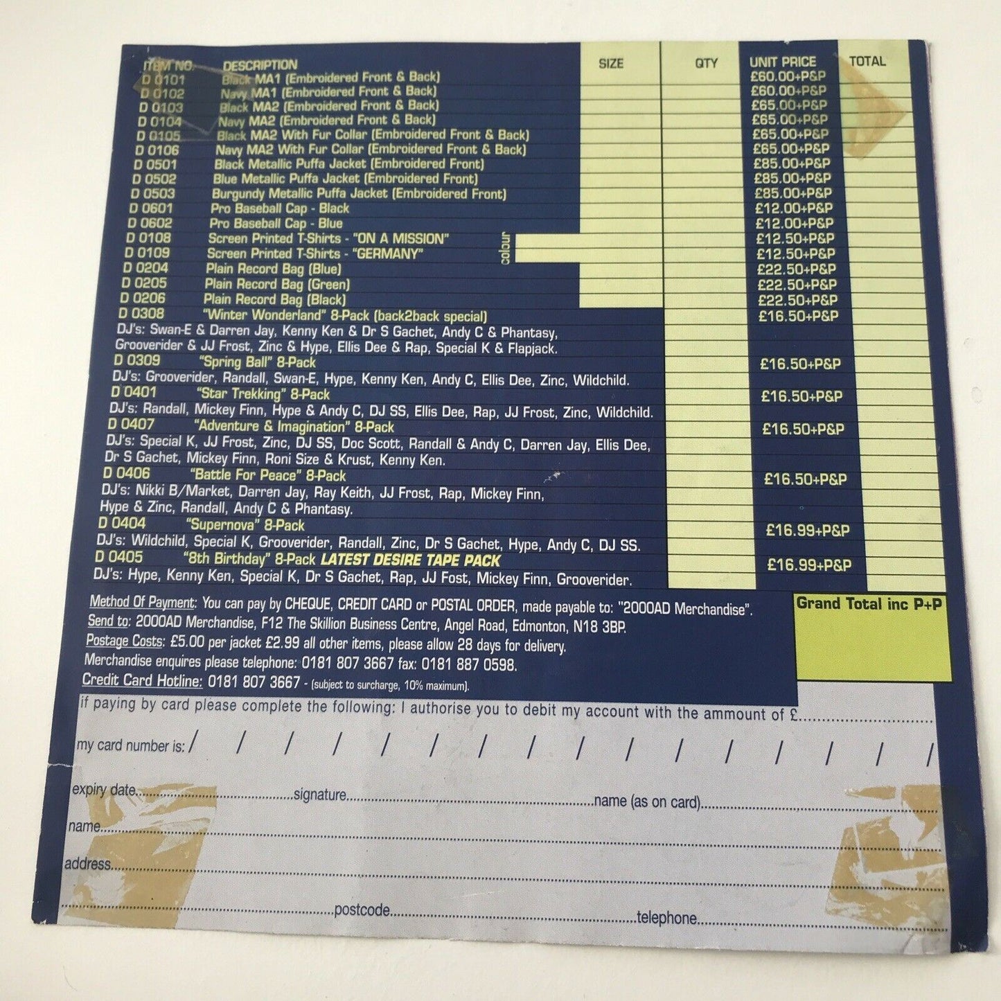 90s Y2K RAVE Memorabilia MERCH PRICE LIST AND ORDER FORM DESIRE London Swan-E Randall