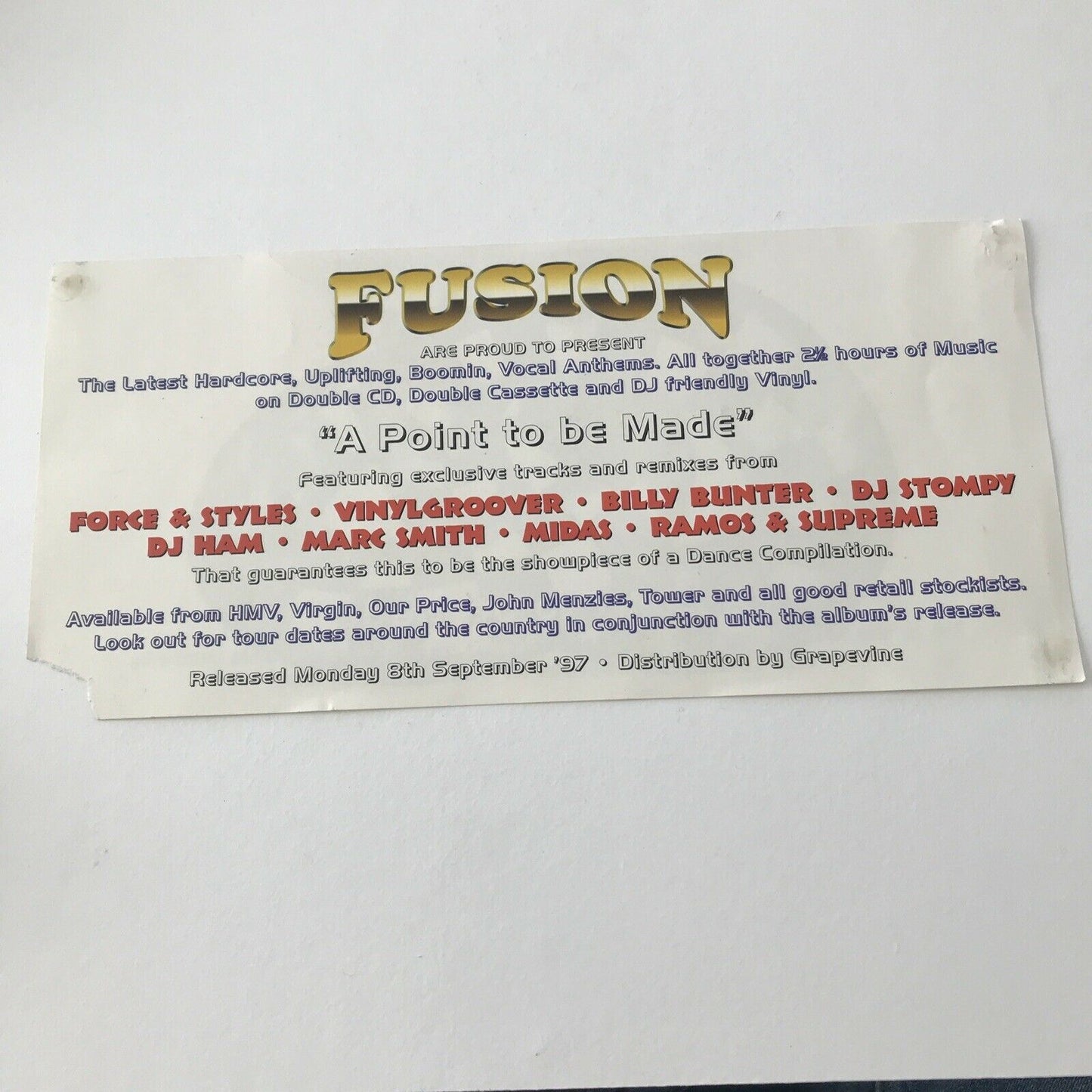 90s Y2K RAVE Memorabilia FUSION FLYER For Cd & Cassette & Vinyl 1997 Hardcore