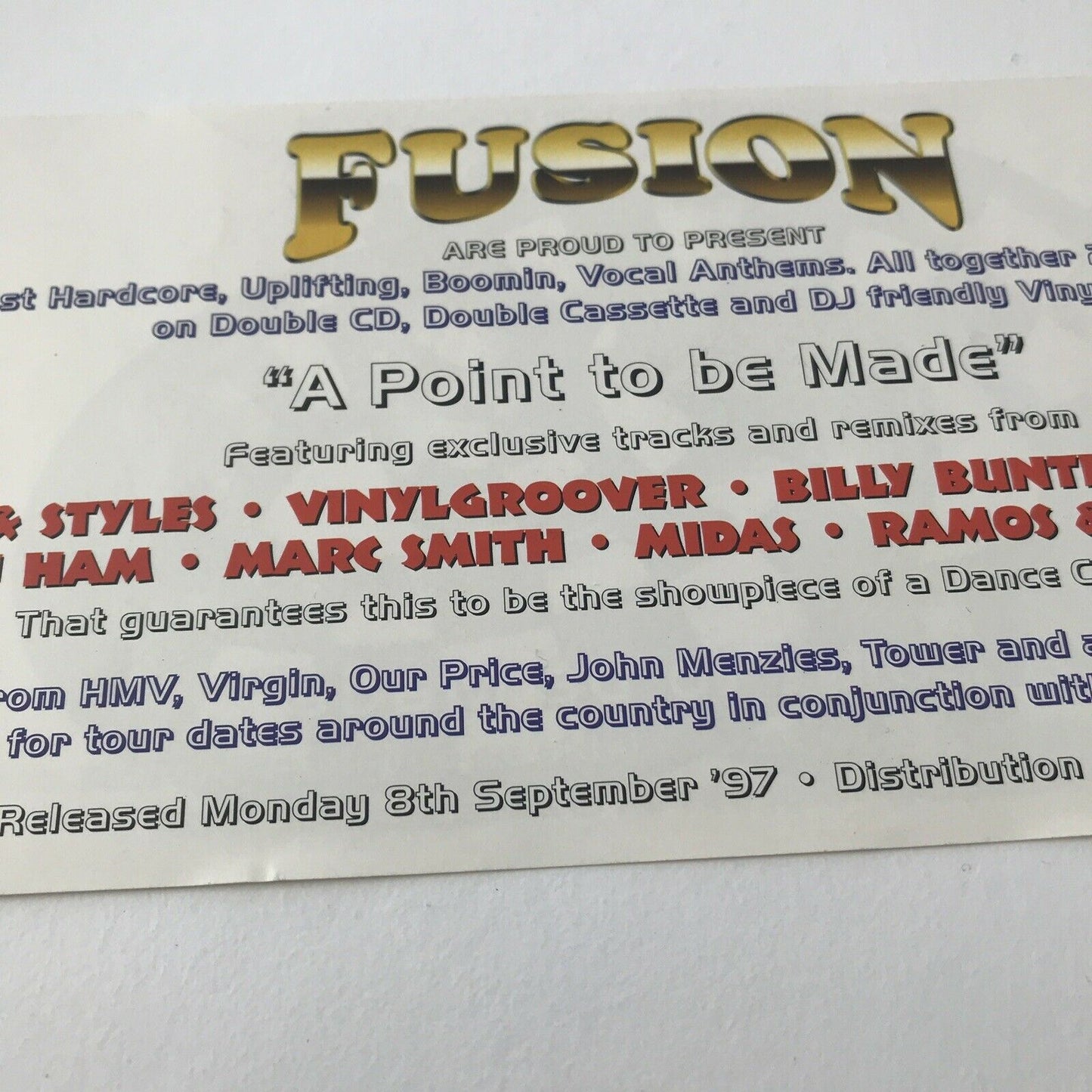 90s Y2K RAVE Memorabilia FUSION FLYER For Cd & Cassette & Vinyl 1997 Hardcore