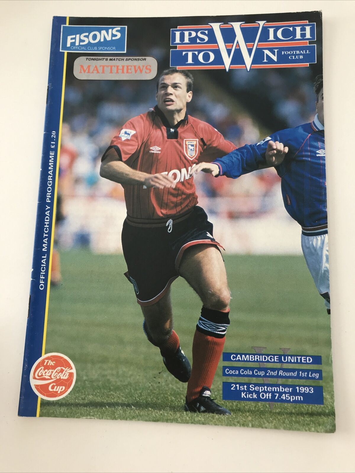 Vintage 90s Football Programme IPSWICH TOWN V CAMBRIDGE UTD 21st Sep 1993 Coca Cola Cup