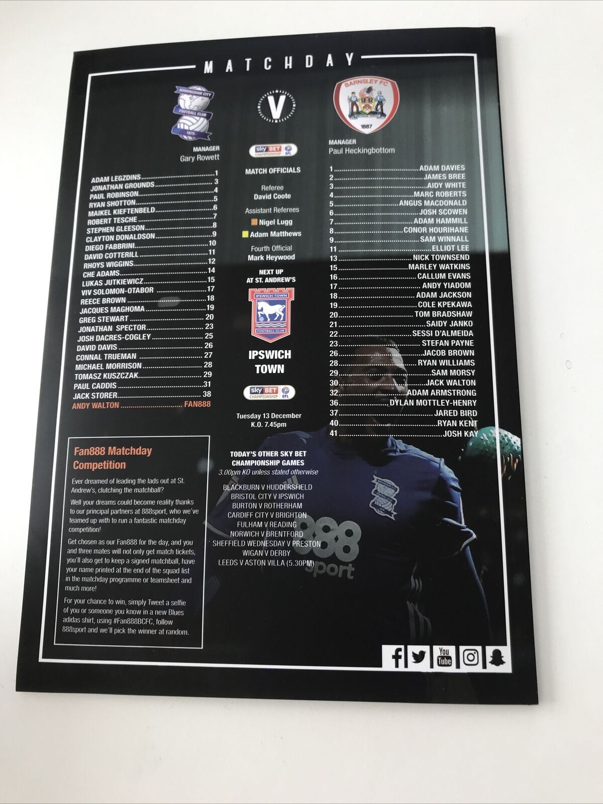 Football Programme BLUES NEWS BIRMINGHAM CITY V BARNSLEY 3rd Dec 2016