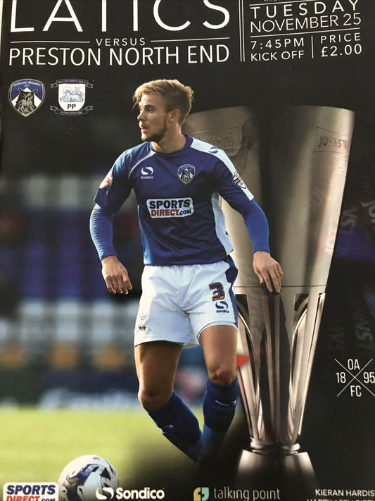 LATICS V PRESTON NORTH END MATCHDAY PROGRAMME 25th Nov 2014 1/4 Final Oldham Ath