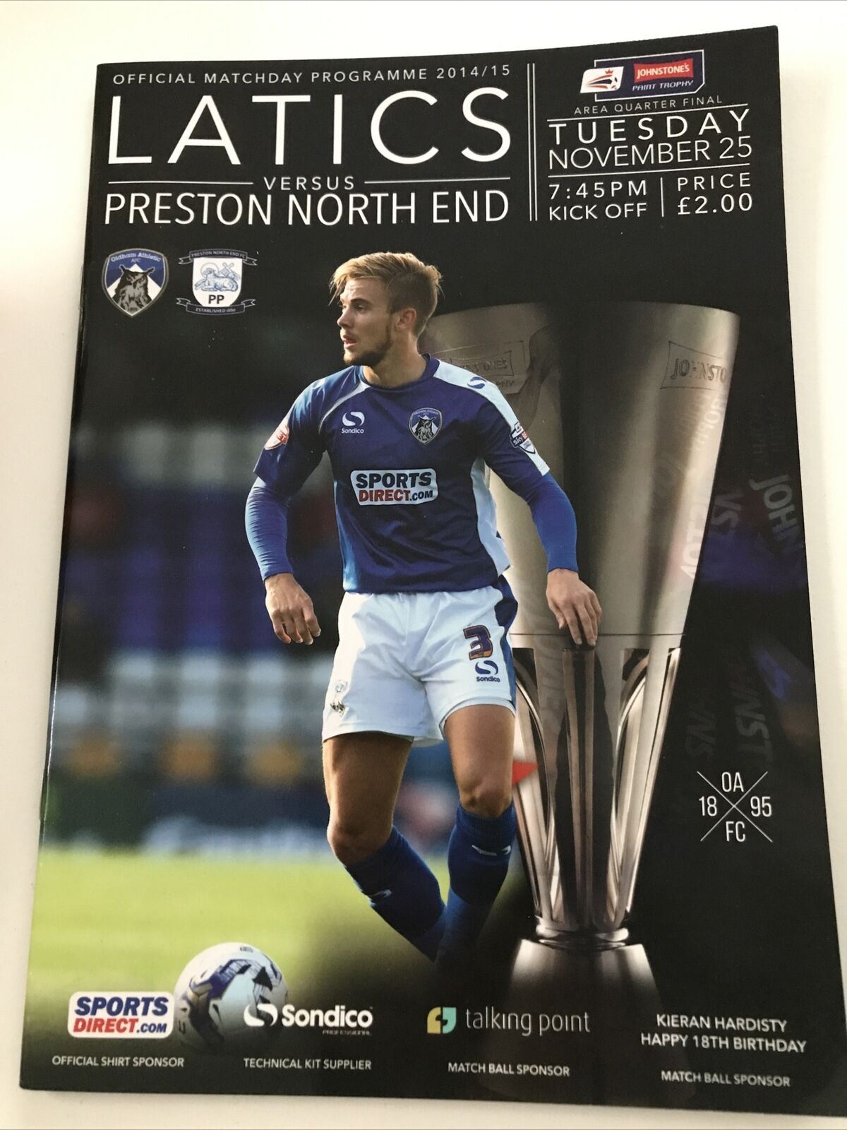 LATICS V PRESTON NORTH END MATCHDAY PROGRAMME 25th Nov 2014 1/4 Final Oldham Ath