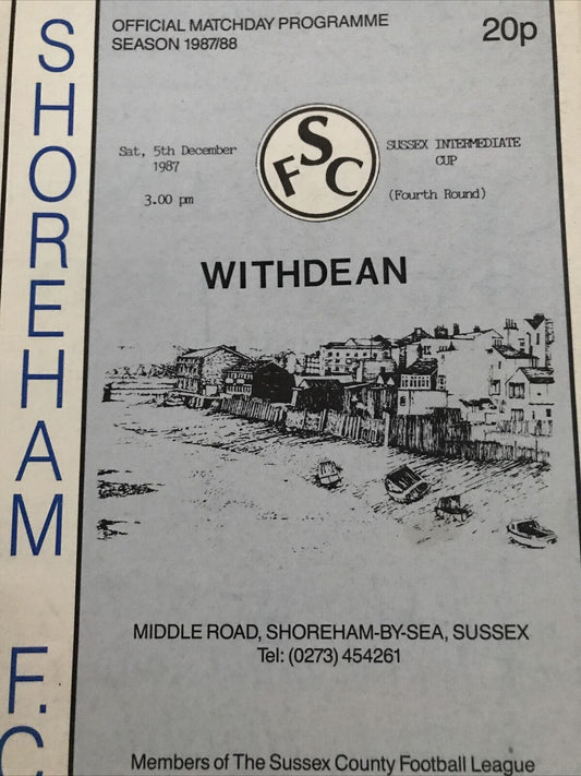 Football Programme Vintage 80s 1987 Dec SHOREHAM RESERVES V WITHDEAN STAN HUNT