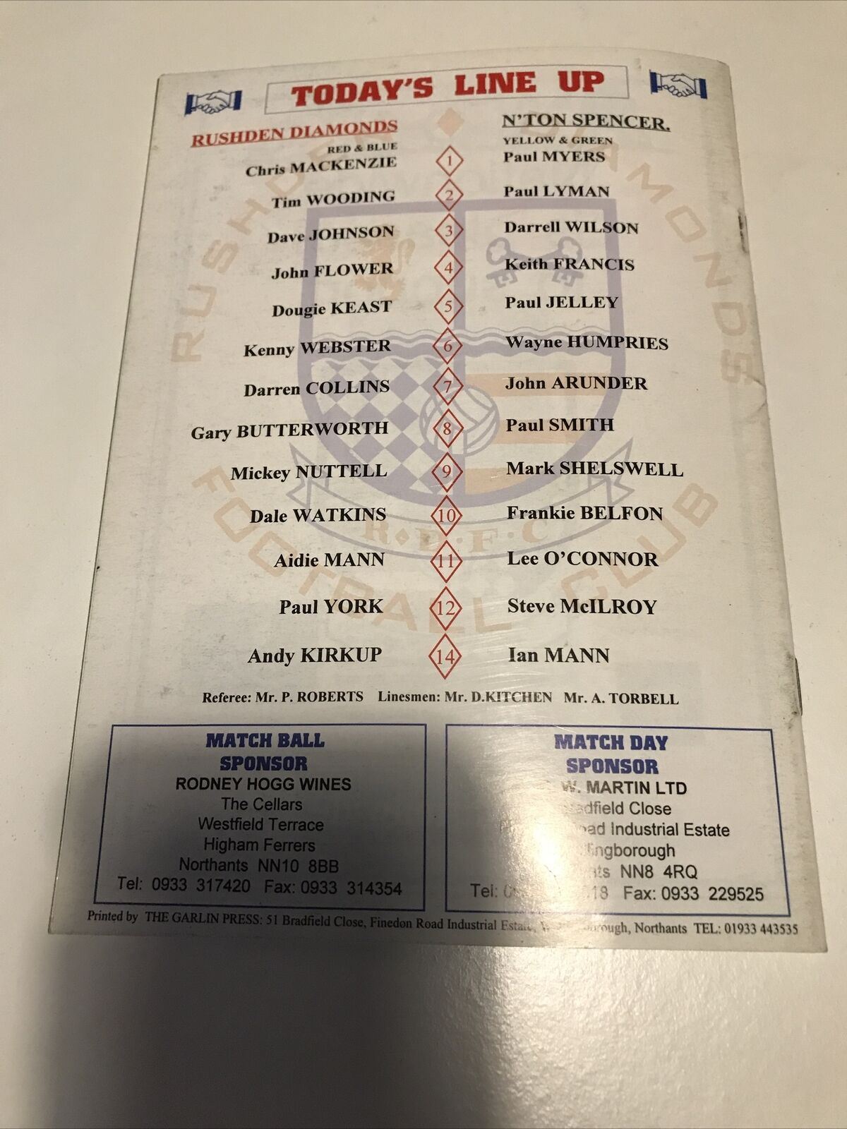 Football Programme Vintage 90s RUSHDEN DIAMONDS V NORTHAMPTON SPENCER 1994 Oct