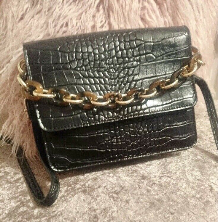 CROSSBODY CROC BAG. USED TWICE. VGC. Black With Brown And Gold Feature Chain.