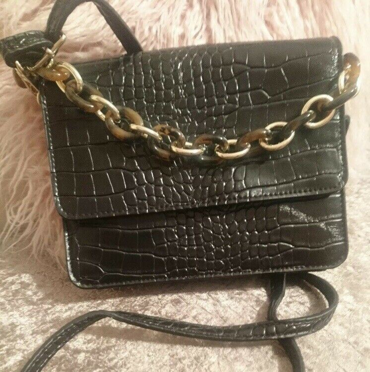 CROSSBODY CROC BAG. USED TWICE. VGC. Black With Brown And Gold Feature Chain.