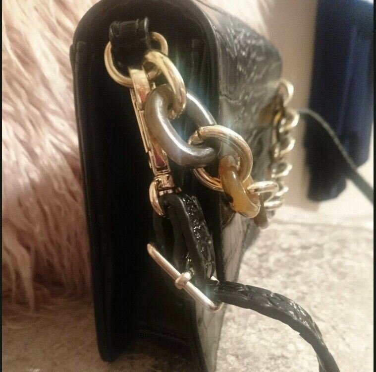 CROSSBODY CROC BAG. USED TWICE. VGC. Black With Brown And Gold Feature Chain.