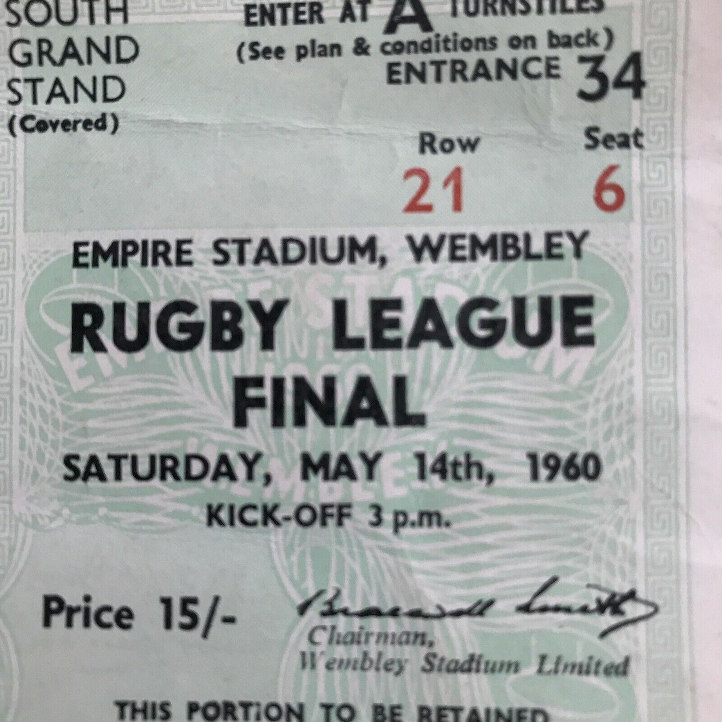 MATCH TICKET STUB : 1960 RUGBY LEAGUE FINAL ~ HULL  v  WAKEFIELD TRINITY WEMBLEY