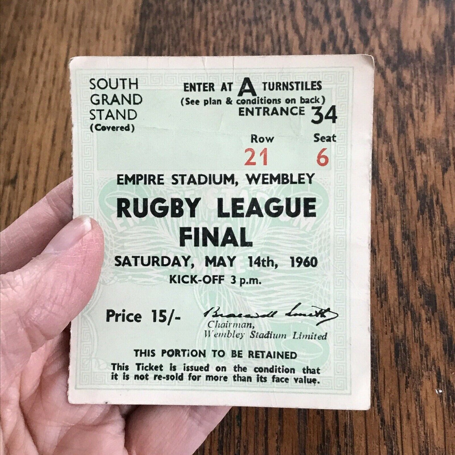 MATCH TICKET STUB : 1960 RUGBY LEAGUE FINAL ~ HULL  v  WAKEFIELD TRINITY WEMBLEY