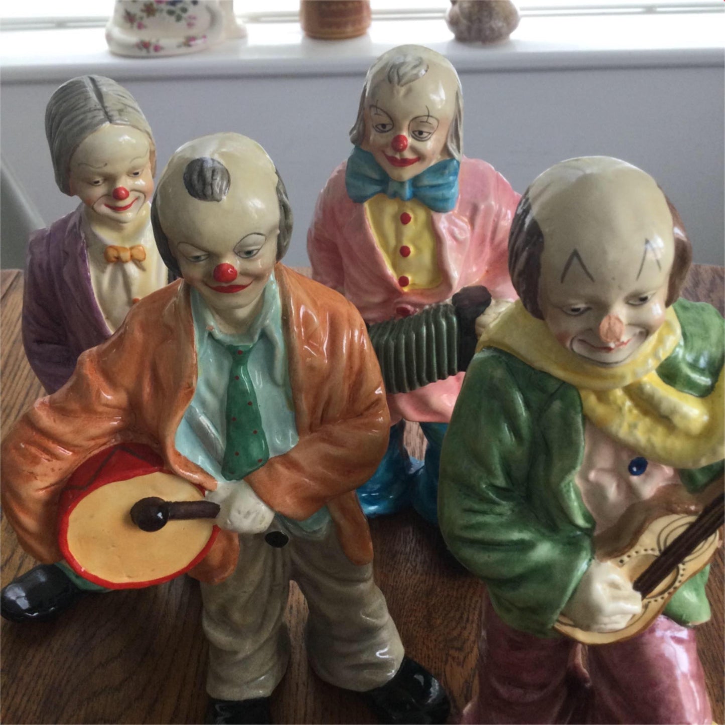 Vintage retro Musician Clown Figurines Ornaments set of 4 bright colourful baggy