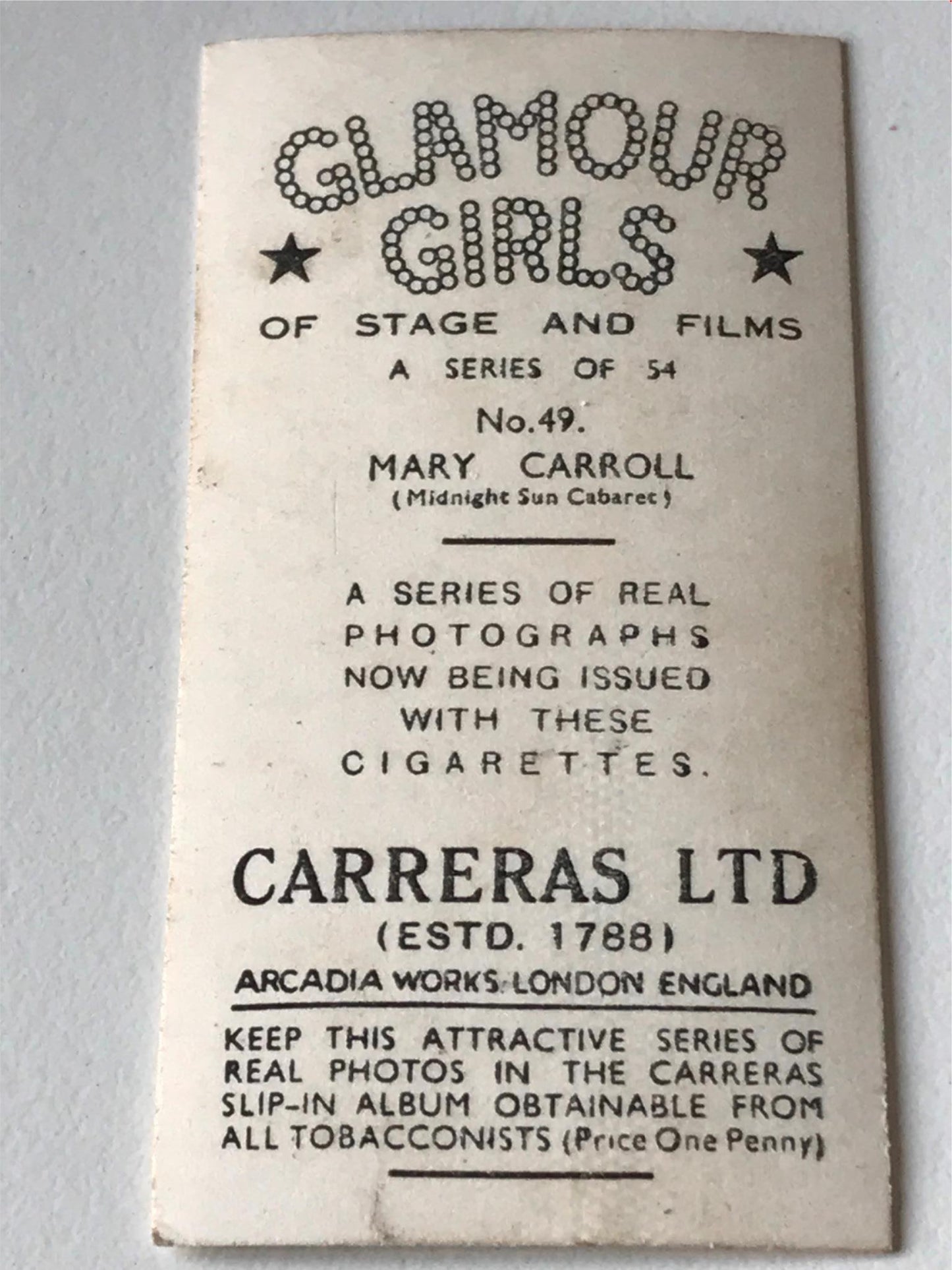 Carreras Cigarette Cards GLAMOUR GIRLS 1939 30s - sold individually