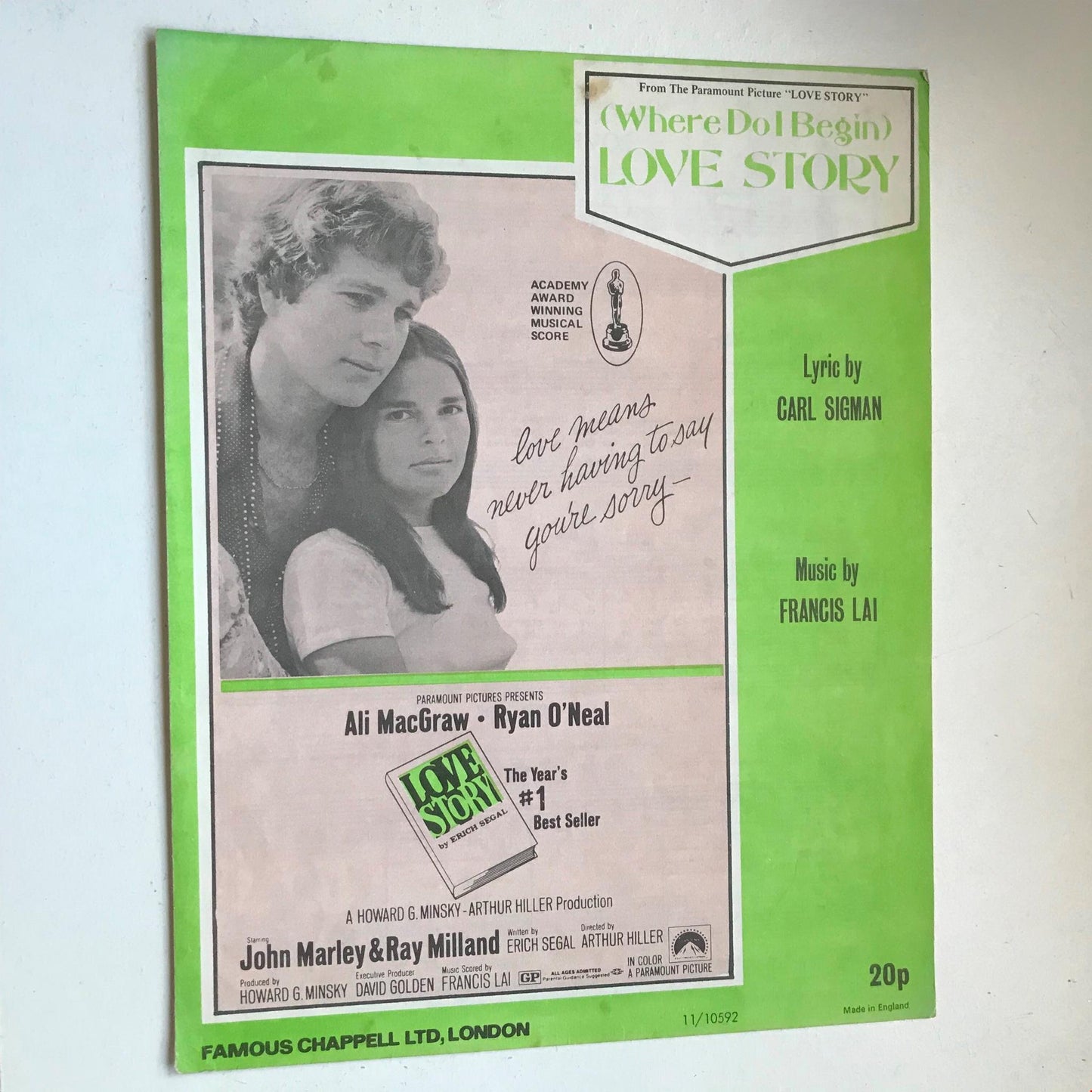 Vintage Sheet Music Where Do I Begin LOVE STORY Ali MacGraw Ryan O'Neal 1971