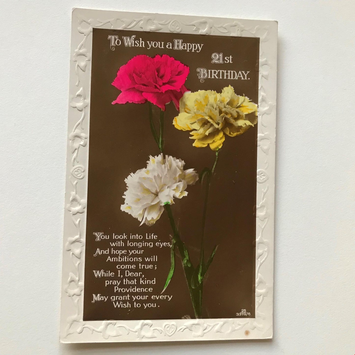 Vintage 21st BIRTHDAY Greetings Postcard RP tinted carnations nice poem.