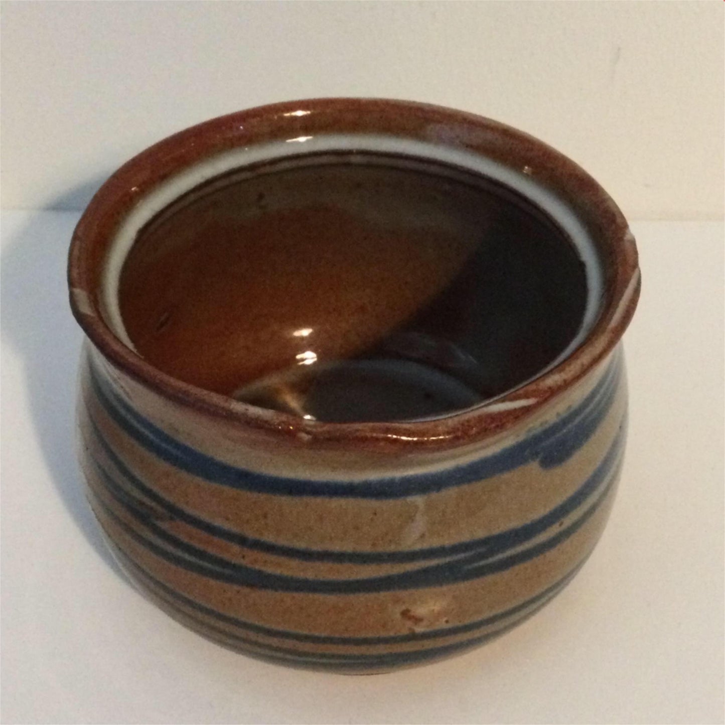 Handmade Studio Bowl / pot very Small BROWN. Rustic Style. Blue stripes. Damaged