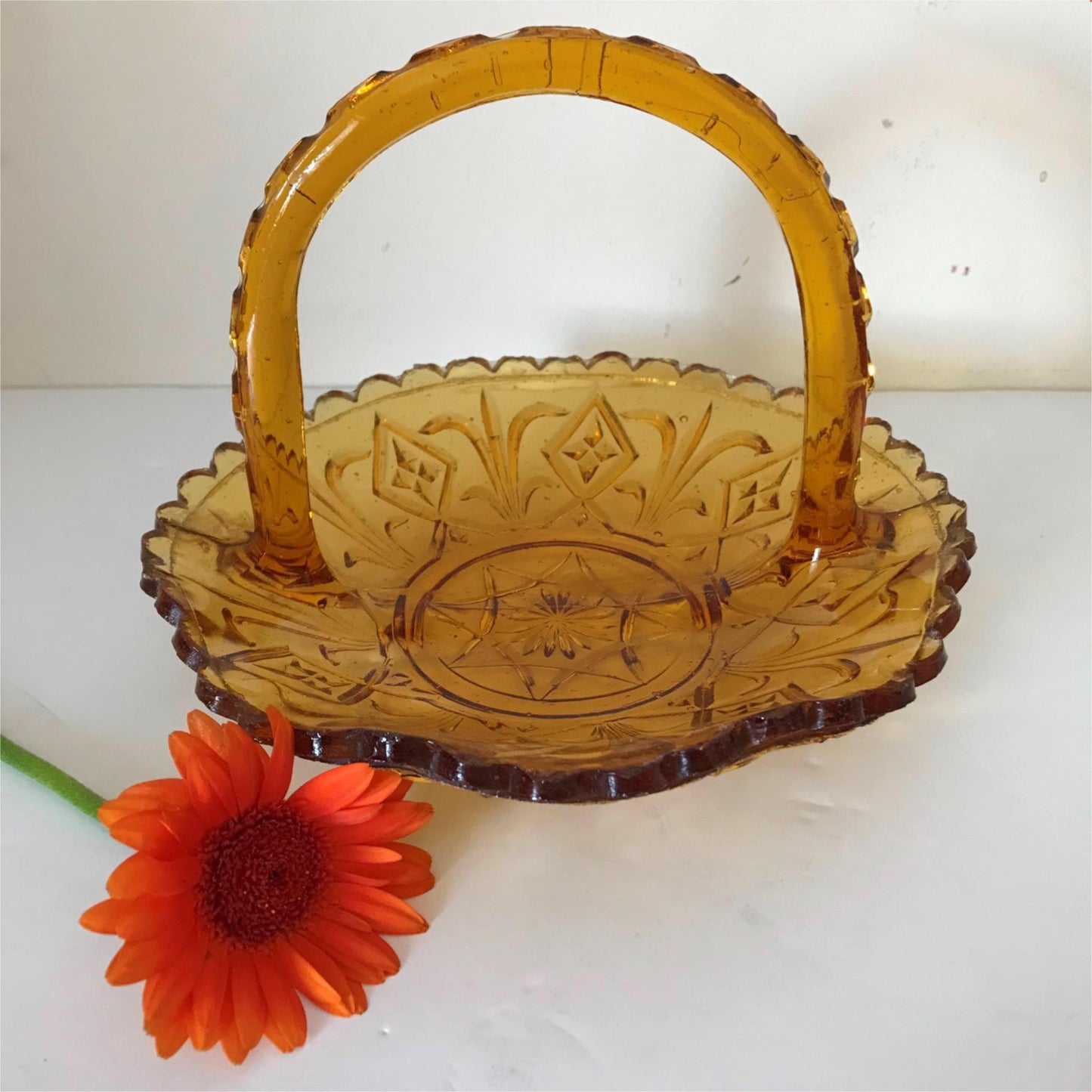 Vintage Amber pressed glass colourful glass bon bon sweet bowl dish with handle