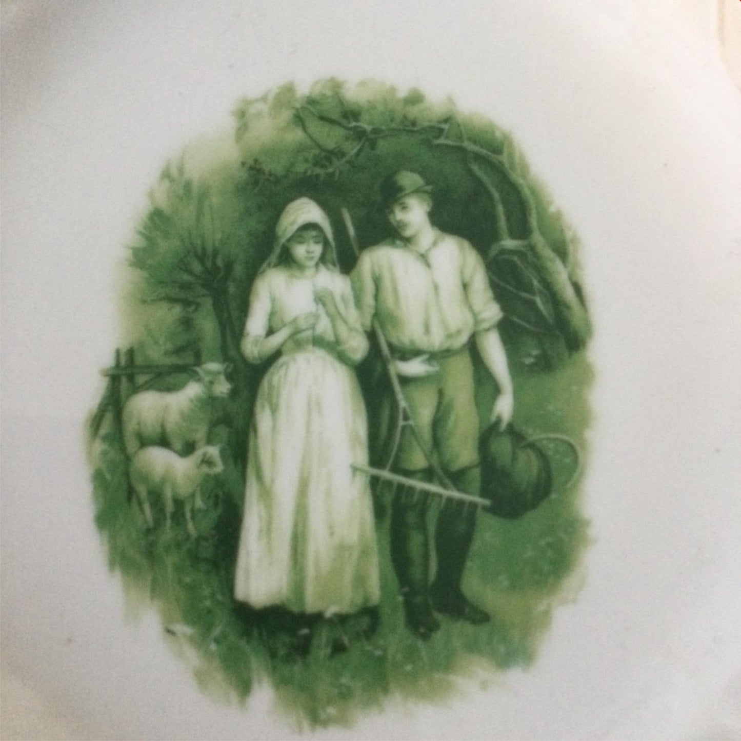 Pretty Vintage Plate, With Cut Out Detail. Green pastoral scene shepherd sheep