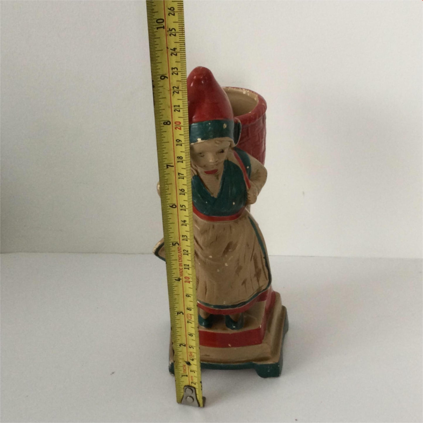 Vintage English Vase Dutch Girl figurine with basket on back. Indoor Planter / Vase