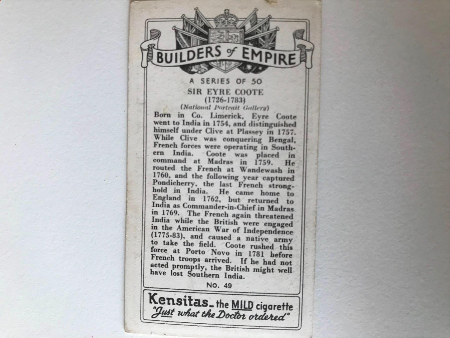 SIR EYRE COOTE Kensitas Cigarette Card Builders of Empire no. 49 invaded India