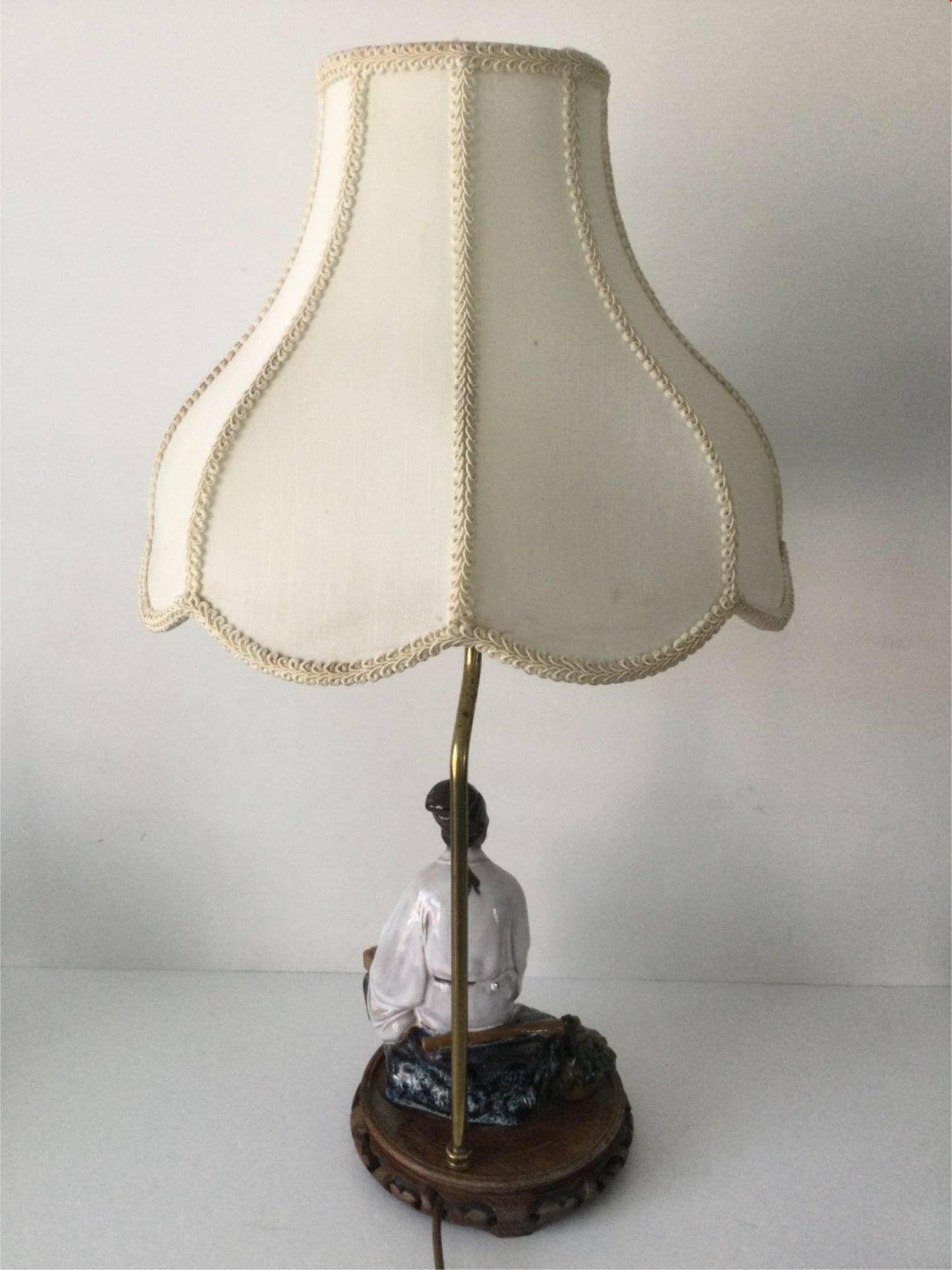 Large Vintage Chinese Mud man ceramic table lamp with shade. PAT tested approx 68cm high