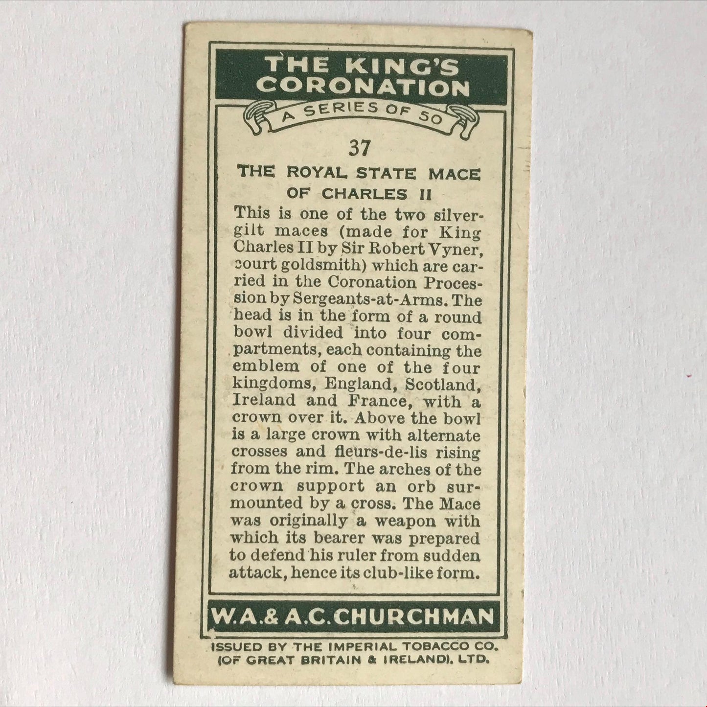 THE KING'S CORONATION 1937 Churchman Cigarette Cards - sold individually