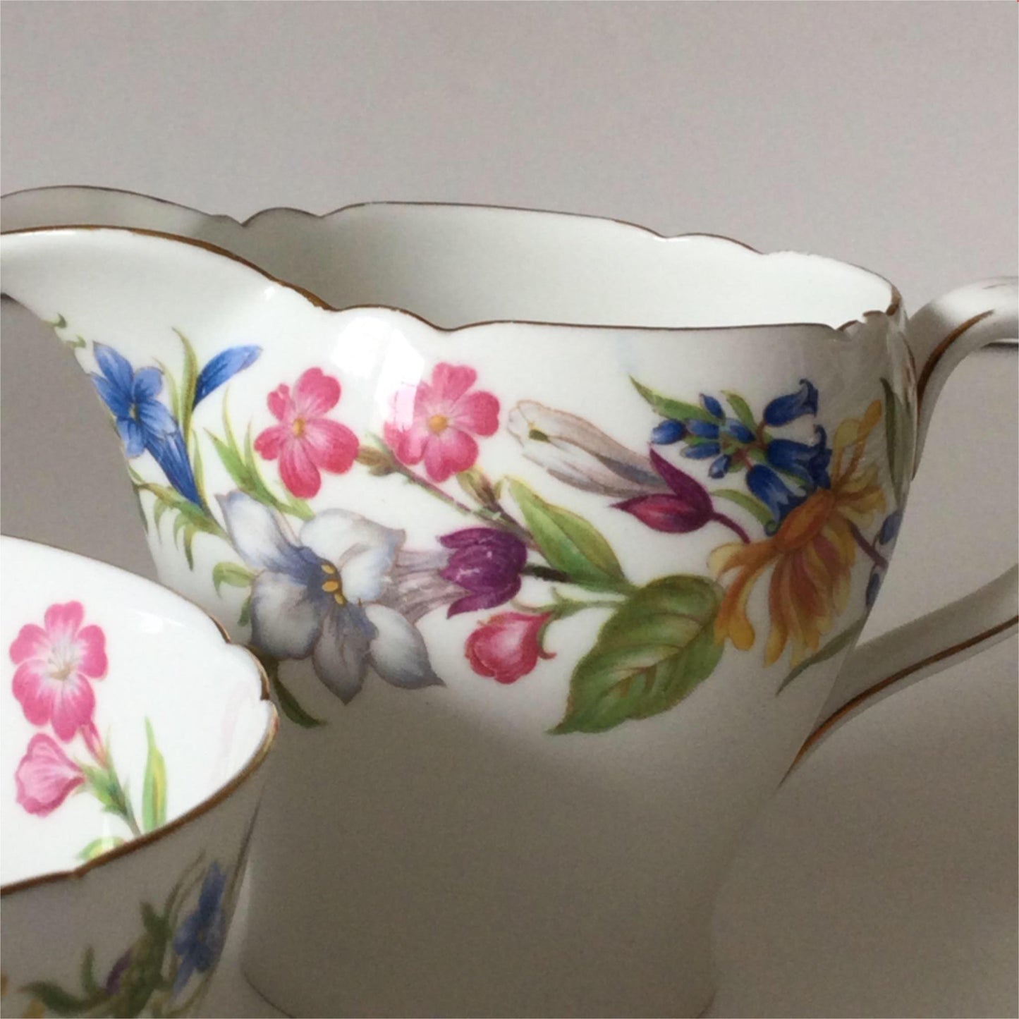 Vintage Shelley Spring Bouquet Gainsborough creamer & sugar bowl 13651 fluted