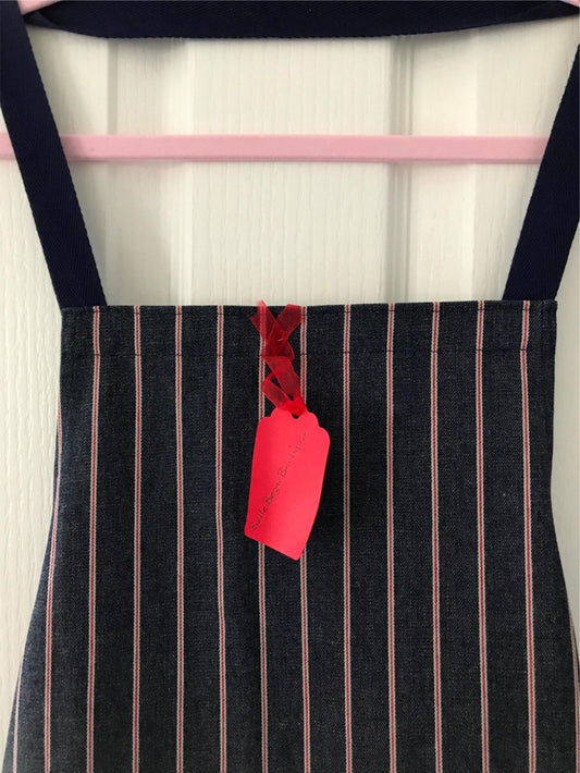 Adults Handmade Navy and Red Striped Apron. Denim look. Ticking fabric