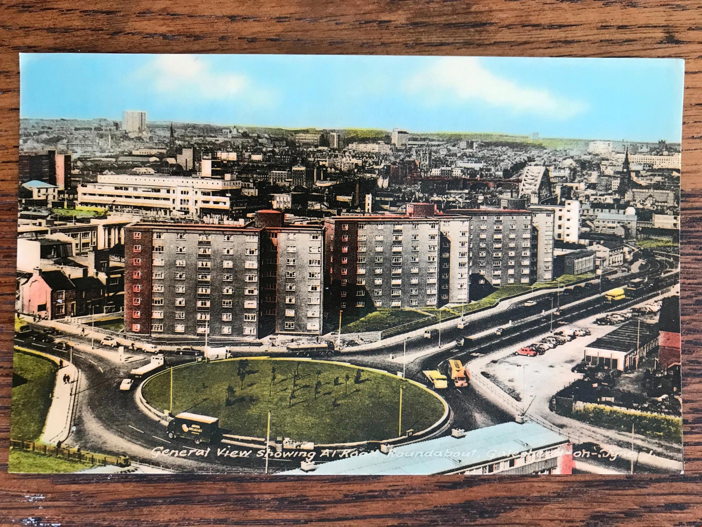 Vintage 1970s postcard A1 motorway roundabout Gateshead on Tyne. Highrise estate