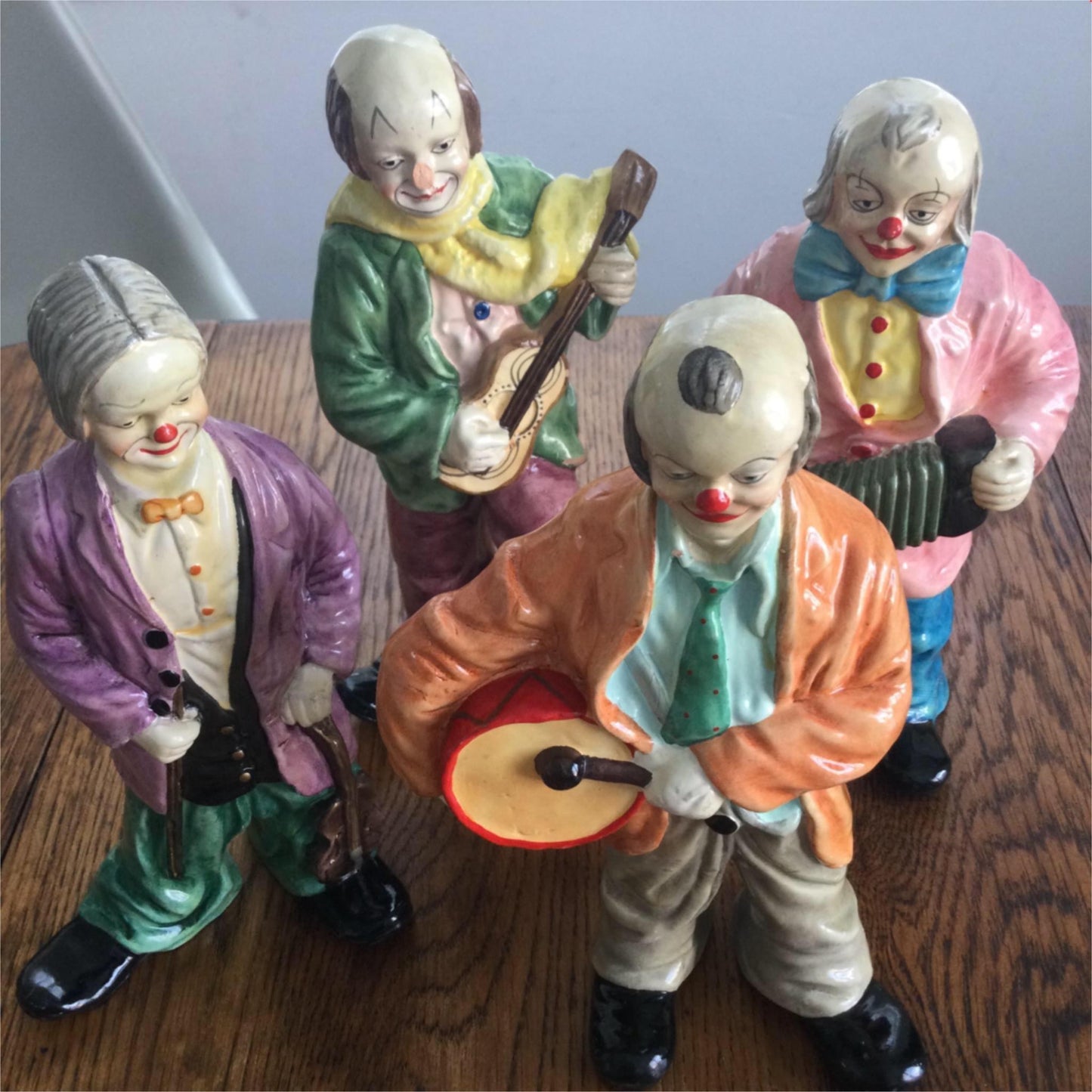 Vintage retro Musician Clown Figurines Ornaments set of 4 bright colourful baggy