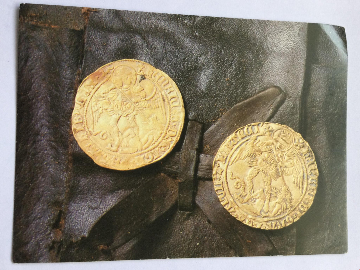 Postcard showing TWO GOLD ANGEL COINS 6s 8d (Admiral's days pay)