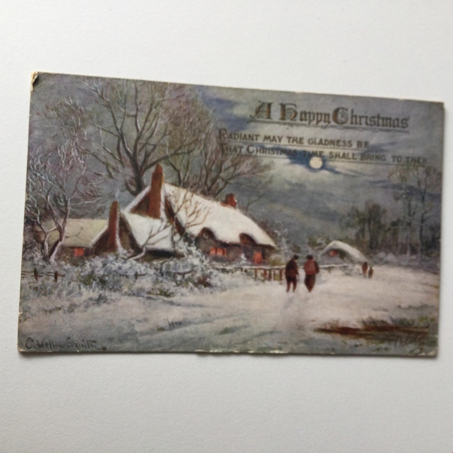 Antique CHRISTMAS Greetings Postcard 1917 Snowy Scene Tuck’s White Winter