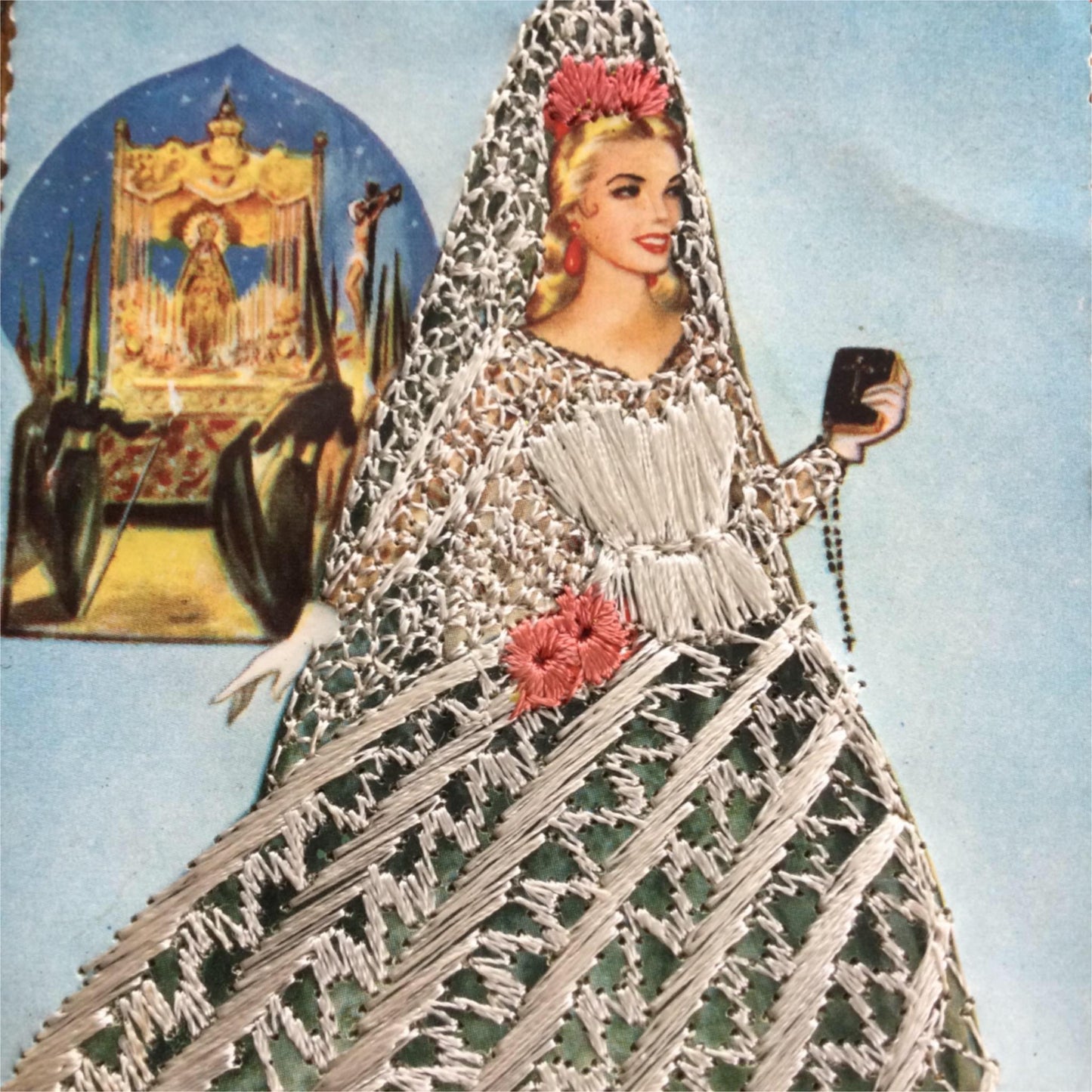 Vintage Spanish postcard ANDALUCIA embroidered woman traditional dress 50s